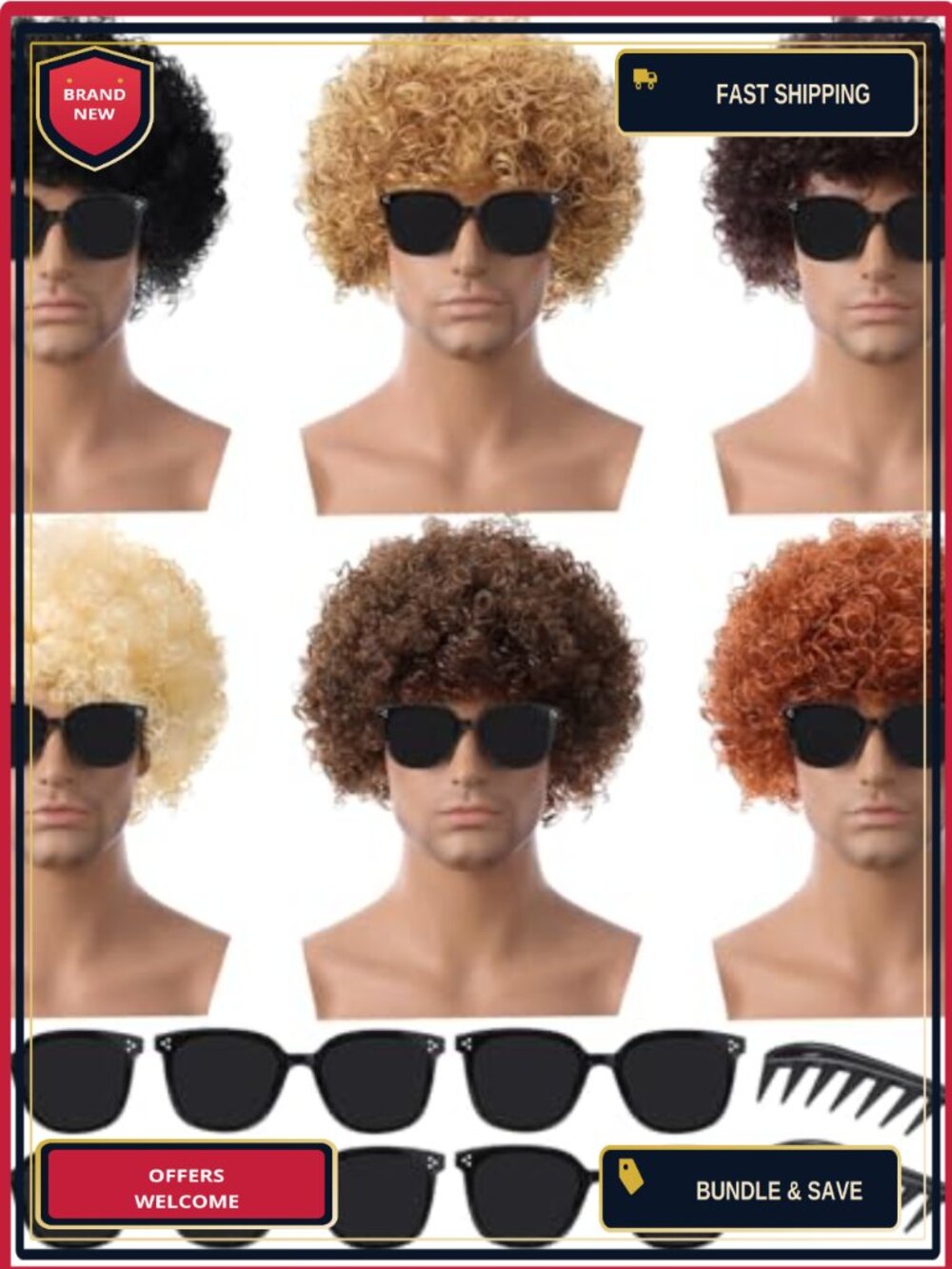 Synthetic Afro Mullet Wigs Set Sunglasses Combs Halloween Cosplay Party Hair